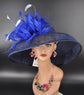 Navy & Royal Blue Sinamay Kentucky Derby Hat: Feathered Wide Brim