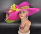 Fuchsia Pink Sinamay Derby Hat: Feather Floral Headpiece