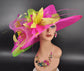 Fuchsia Pink Sinamay Derby Hat: Feather Floral Headpiece