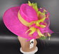 Fuchsia Pink Sinamay Derby Hat: Feather Floral Headpiece