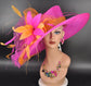 Fuchsia Pink Sinamay Derby Hat: Feather Floral Ascot Headpiece