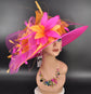 Fuchsia Pink Sinamay Derby Hat: Feather Floral Ascot Headpiece