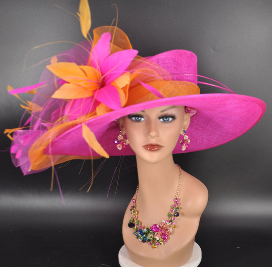 Fuchsia Pink Sinamay Derby Hat: Feather Floral Ascot Headpiece