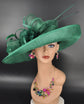Green Sinamay Kentucky Derby Hat: Wide Brim Feathered Church Hat