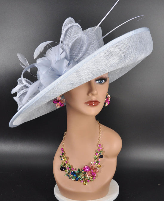 Church Kentucky Derby Hat Carriage Tea Party Wedding Wide Brim  Royal Ascot Horse Race Oaks day hat Light Blue/ Powder Blue Hat