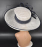 Sinamay Derby Hat: White Wide Brim with Navy Blue