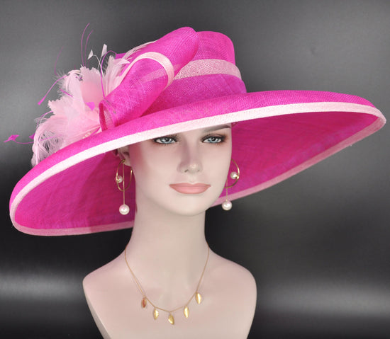Fuchsia Pink Feather Derby Hat: Wide Brim Sinamay Headpiece