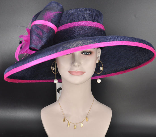 Navy Blue Sinamay Derby Hat: Fuchsia Feather Ascot Headpiece