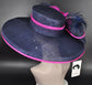 Navy Blue Sinamay Derby Hat: Fuchsia Feather Ascot Headpiece
