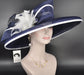 Navy Blue Sinamay Derby Hat: Wide Brim Feather Headpiece