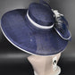 Navy Blue Sinamay Derby Hat: Wide Brim Feather Headpiece