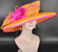 Oaks Day Hat Orange w Fuchsia Pink Feather Hat, Kentucky Derby, Tea Party, Wedding, Church, Royal Ascot Headpiece Wide Brim Sinamay Hat
