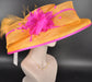 Oaks Day Hat Orange w Fuchsia Pink Feather Hat, Kentucky Derby, Tea Party, Wedding, Church, Royal Ascot Headpiece Wide Brim Sinamay Hat