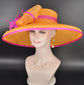 Oaks Day Hat Orange w Fuchsia Pink Feather Hat, Kentucky Derby, Tea Party, Wedding, Church, Royal Ascot Headpiece Wide Brim Sinamay Hat