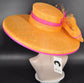 Oaks Day Hat Orange w Fuchsia Pink Feather Hat, Kentucky Derby, Tea Party, Wedding, Church, Royal Ascot Headpiece Wide Brim Sinamay Hat