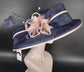 Navy Blue w Blush/Dusty Pink Feather Hat, Kentucky Derby, Tea Party, Wedding, Church, Royal Ascot  Wide Brim Sinamay Hat Oaks Day Hat