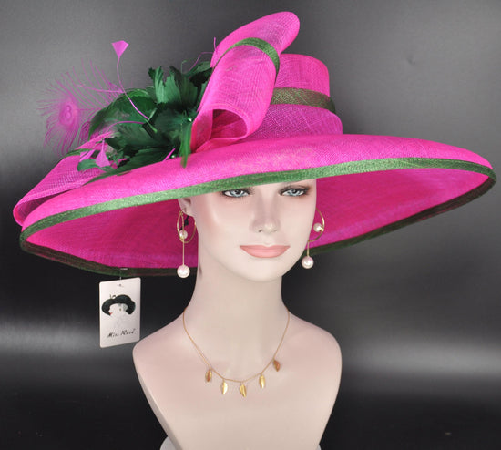 Fuchsia Pink Sinamay Derby Hat: Green Feather Royal Ascot Headpiece
