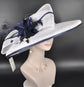 Wide Brim Sinamay Hat: White & Navy Feather Headpiece