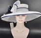 Wide Brim Sinamay Hat: White & Navy Feather Headpiece