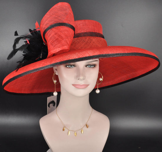 Red Sinamay Derby Hat: Wide Brim Feather Headpiece