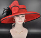 Red Sinamay Derby Hat: Wide Brim Feather Headpiece