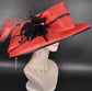 Red Sinamay Derby Hat: Wide Brim Feather Headpiece