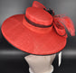 Red Sinamay Derby Hat: Wide Brim Feather Headpiece