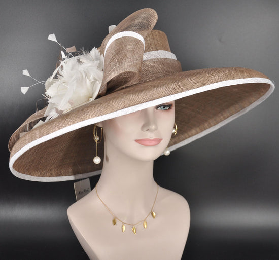 Taupe Sinamay Derby Hat: Wide Brim Feather Headpiece