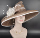 Taupe Sinamay Derby Hat: Wide Brim Feather Headpiece