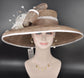 Taupe Sinamay Derby Hat: Wide Brim Feather Headpiece