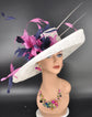 Wide Brim Sinamay Derby Hat: White, Navy, & Hot Pink Feather Flower