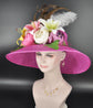 Fuchsia Pink Sinamay Kentucky Derby Hat: Wide Brim Floral Church Wedding