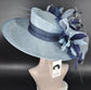 Powder Blue Sinamay Derby Hat: Navy Feather Ascot Headpiece