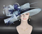 Powder Blue Sinamay Derby Hat: Navy Feather Ascot Headpiece