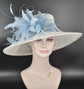 Sinamay Kentucky Derby Hat: White Wide Brim with Powder Blue Feathers