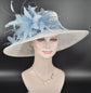 Sinamay Kentucky Derby Hat: White Wide Brim with Powder Blue Feathers