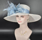 Sinamay Kentucky Derby Hat: White Wide Brim with Powder Blue Feathers