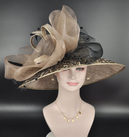 Leopard Print Derby Hat: Taupe Sinamay Wide Brim Ascot Hat