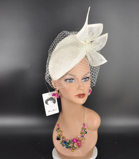 Off White Sinamay Fascinator Hat: Sculpted Bow & Netting - Derby, Wedding, Tea Party
