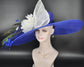 Royal Blue Sinamay Derby Hat: Wide Brim Feathered Ascot Hat
