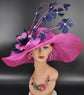 Fuchsia Pink Sinamay Derby Hat: Navy Blue Feather Flower Wide Brim