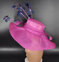Fuchsia Pink Sinamay Derby Hat: Navy Blue Feather Flower Wide Brim