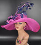 Fuchsia Pink Sinamay Derby Hat: Feather Flower Wide Brim