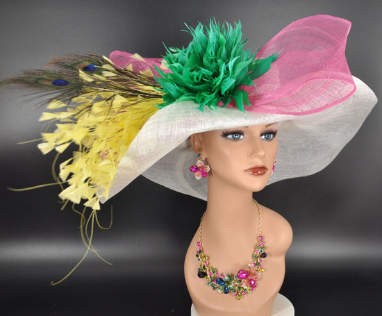 Feather Flower Kentucky Derby Hat: Wide Brim Sinamay Tea Party Hat