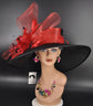 Wide Brim Sinamay Kentucky Derby Hat: Black & Red Feather Floral