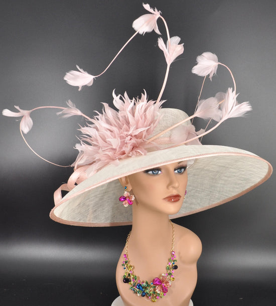 Blush Pink Kentucky Derby Hat: Wide Brim Feathered Sinamay Church Hat