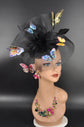 Kentucky Derby Wedding Feather w Butterflies  Floral Organza w Sinamay Headband Fascinator Hat Cocktail Black