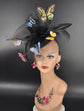 Kentucky Derby Wedding Feather w Butterflies  Floral Organza w Sinamay Headband Fascinator Hat Cocktail Black