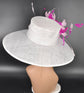 Sinamay Kentucky Derby Hat: White Wide Brim with Pink Feather Flowers