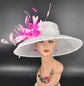 Sinamay Kentucky Derby Hat: White Wide Brim with Pink Feather Flowers